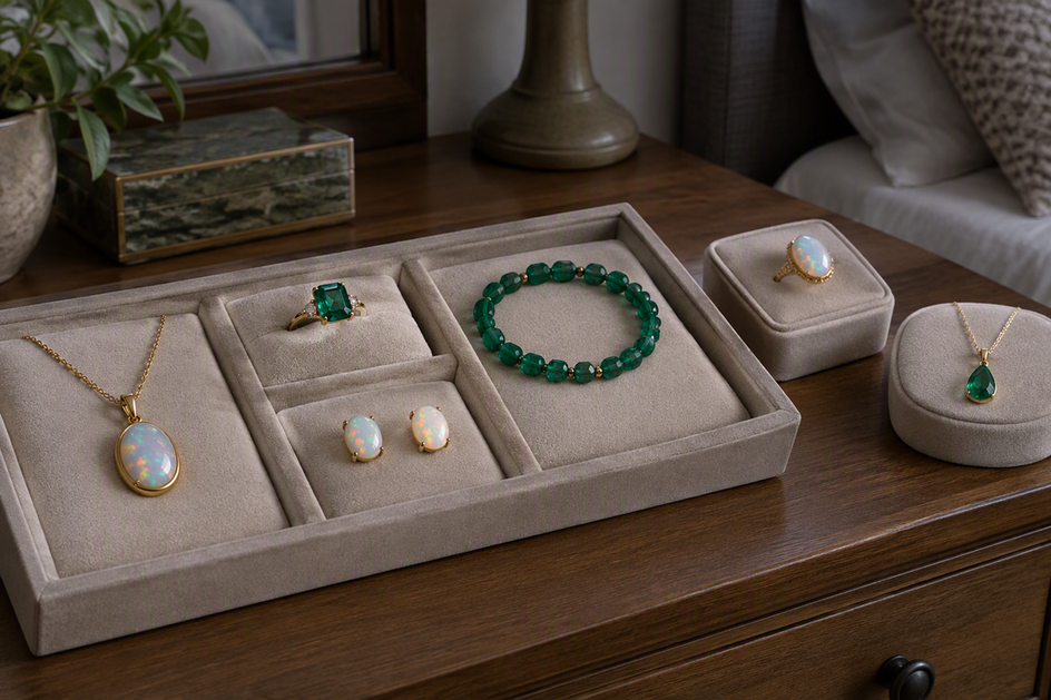Opal, emerald, and other gemstone jewelry resting separately in soft cushioned compartments on a shaded bedroom dresser