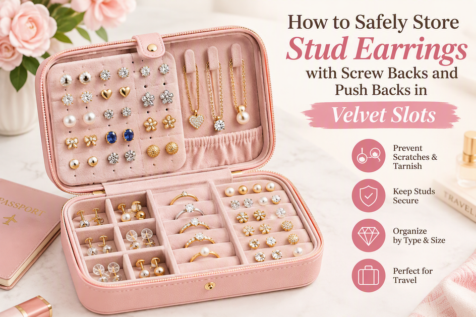 Pink travel jewelry box with velvet lining, ring slots, earring panel and necklace hooks