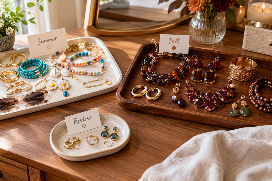 Fall statement necklaces, bracelets, rings, and summer jewelry arranged in separate groups on a vanity during a seasonal wardrobe change