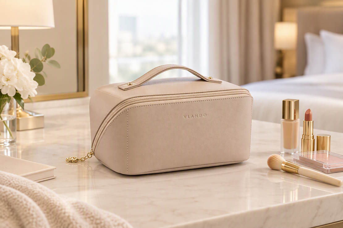 Travel makeup organizer beside a small, curated set of everyday makeup products on a clean hotel-style surface