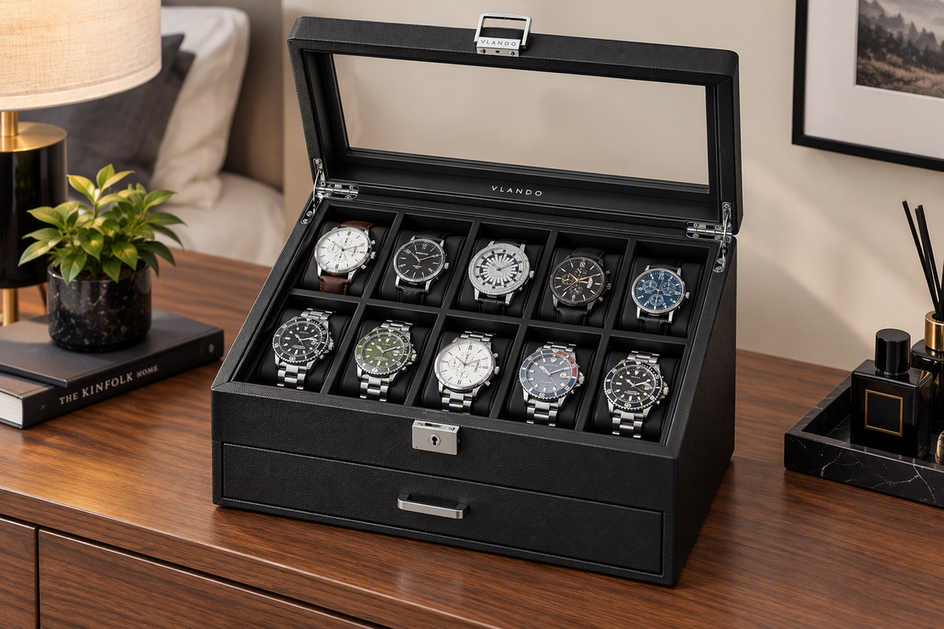 Open watch box displaying watches neatly in cushioned compartments on a dresser