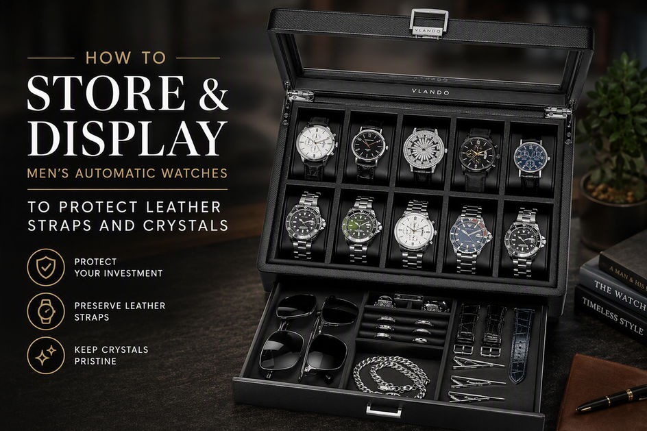Open VLANDO 10-slot watch box displaying watches in cushioned compartments with a lower drawer