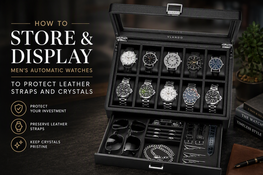 Open VLANDO 10-slot watch box displaying watches in cushioned compartments with a lower drawer