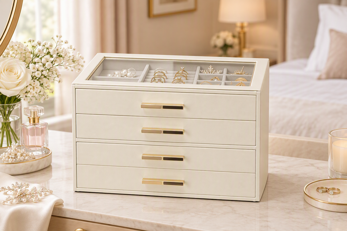 Four-layer glass-lid jewelry box arranged on a refined bedroom vanity with a few pieces of jewelry visible inside