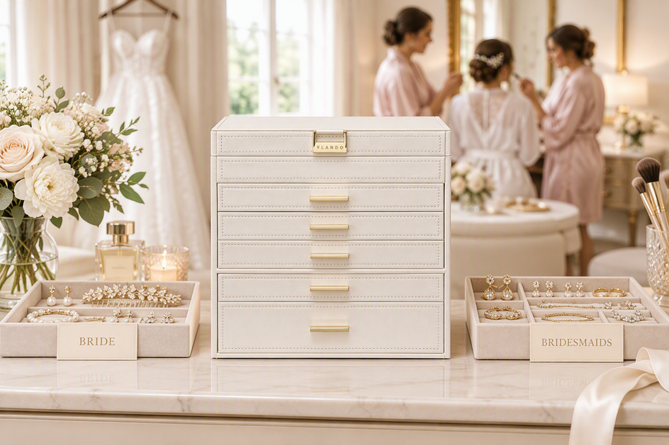 Large jewelry organizer arranged on a bridal suite station with separate labeled accessory sets for the bride and bridesmaids