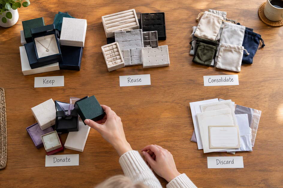 Original jewelry boxes, inserts, pouches, and paperwork sorted into labeled groups on a tabletop
