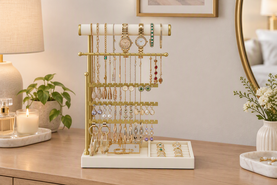 Ring holder with separated rings arranged on a dresser beside everyday jewelry