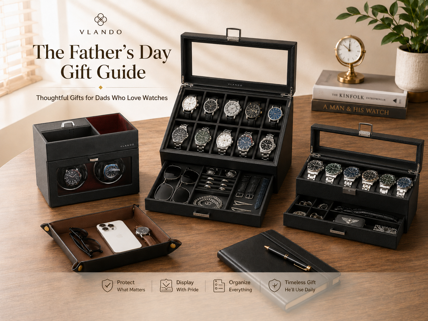ANDO Father's Day gift guide display with premium leather watch box organizer and accessories.