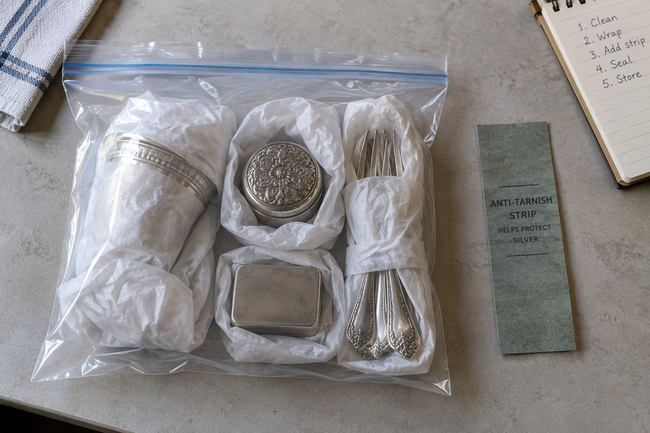 Tissue-wrapped silver and small containers sit inside a sealed clear bag, with an anti-tarnish strip kept beside the bag.