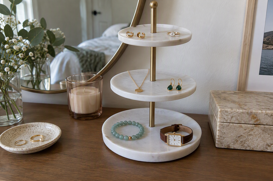 A tiered jewelry stand holding a small, spaced selection of necklaces, earrings, bracelets, and rings.
