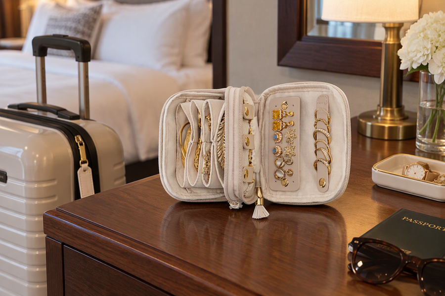 Open Vlando 2-Layer Travel Jewelry Organizer resting on a hotel dresser as a single home base for jewelry, with a carry-on nearby.