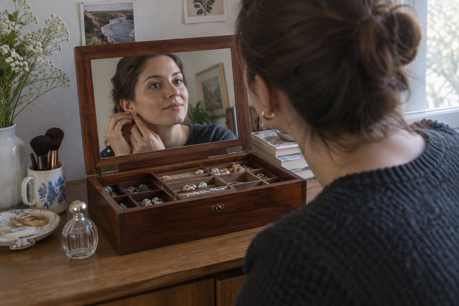 A person checks an earring in the mirror of an open jewelry box at a vanity.