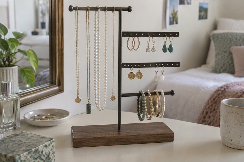 Freestanding jewelry stand displaying necklaces, earrings, and bracelets on a vanity.