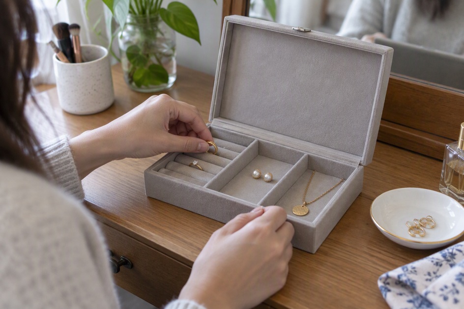 Gift shopper places a few jewelry pieces into separate sections of an open jewelry box