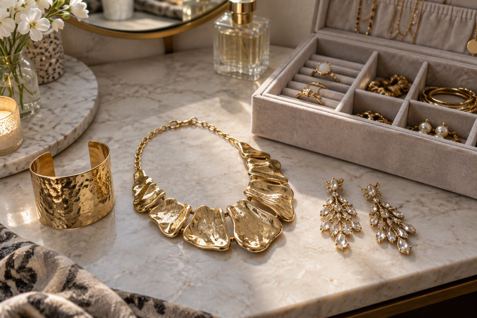 A wide cuff, sculptural necklace, and chandelier earrings beside an open jewelry organizer.