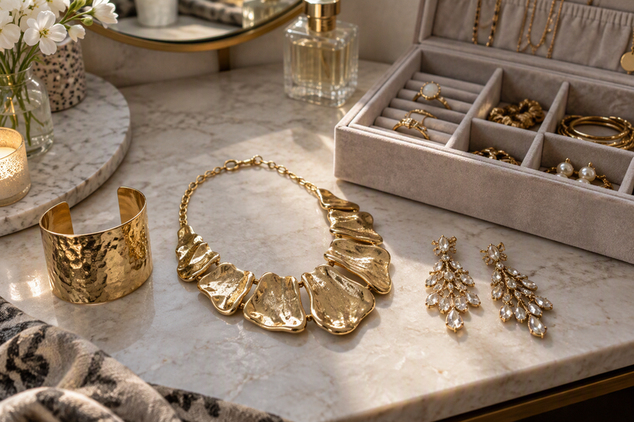A wide cuff, sculptural necklace, and chandelier earrings beside an open jewelry organizer.