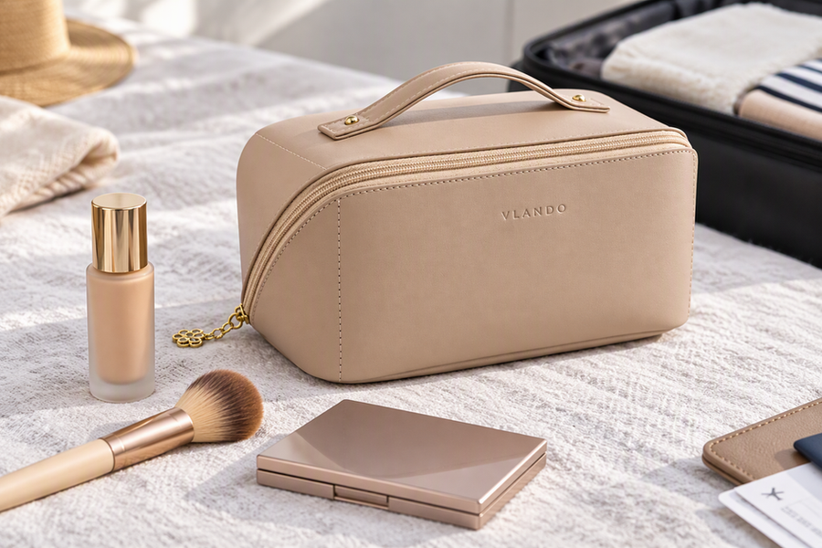 Closed VLANDO Pillow Makeup Bag in toffee caramel beside travel makeup essentials.