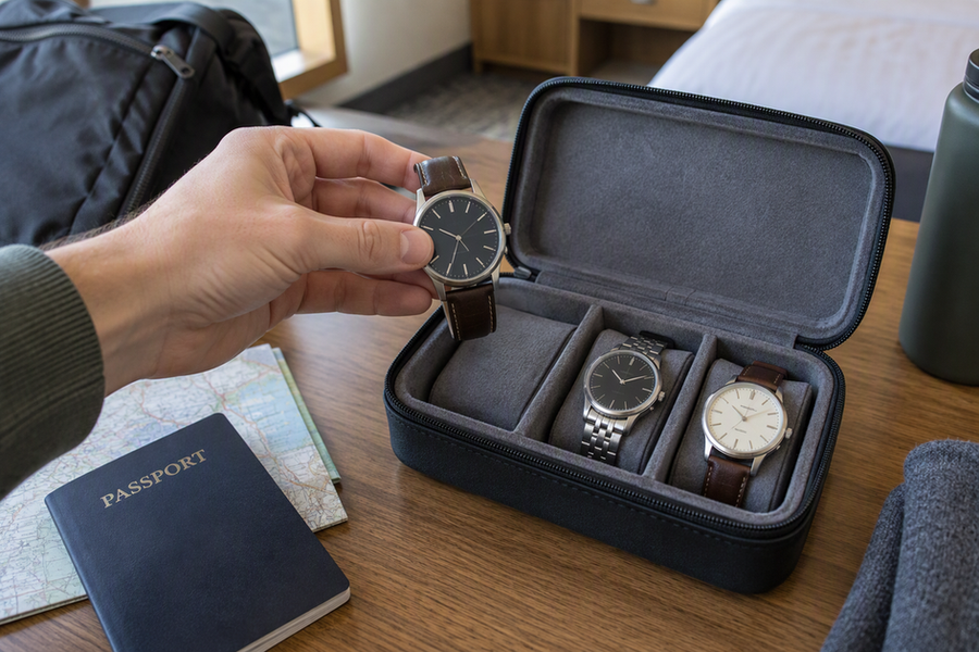 A traveler holds a wristwatch above an open travel case slot during a fit check