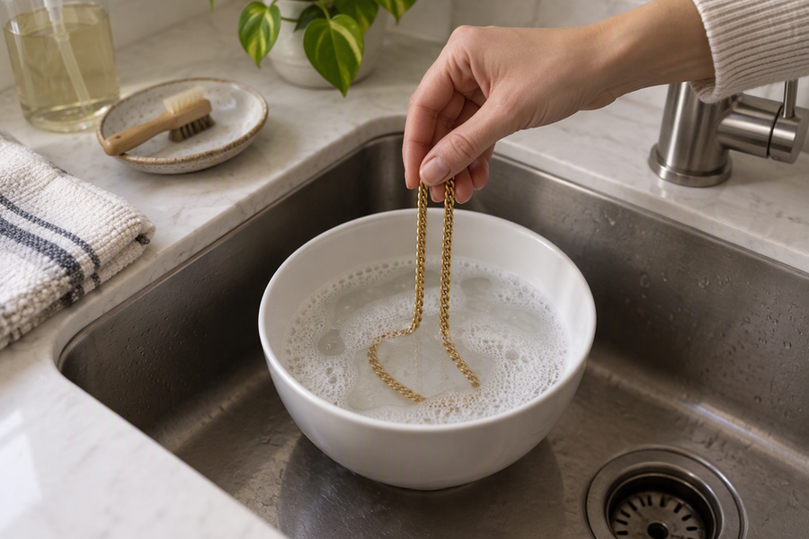 Hands lower a plain gold chain into warm, soapy water in a bowl beside a home sink.