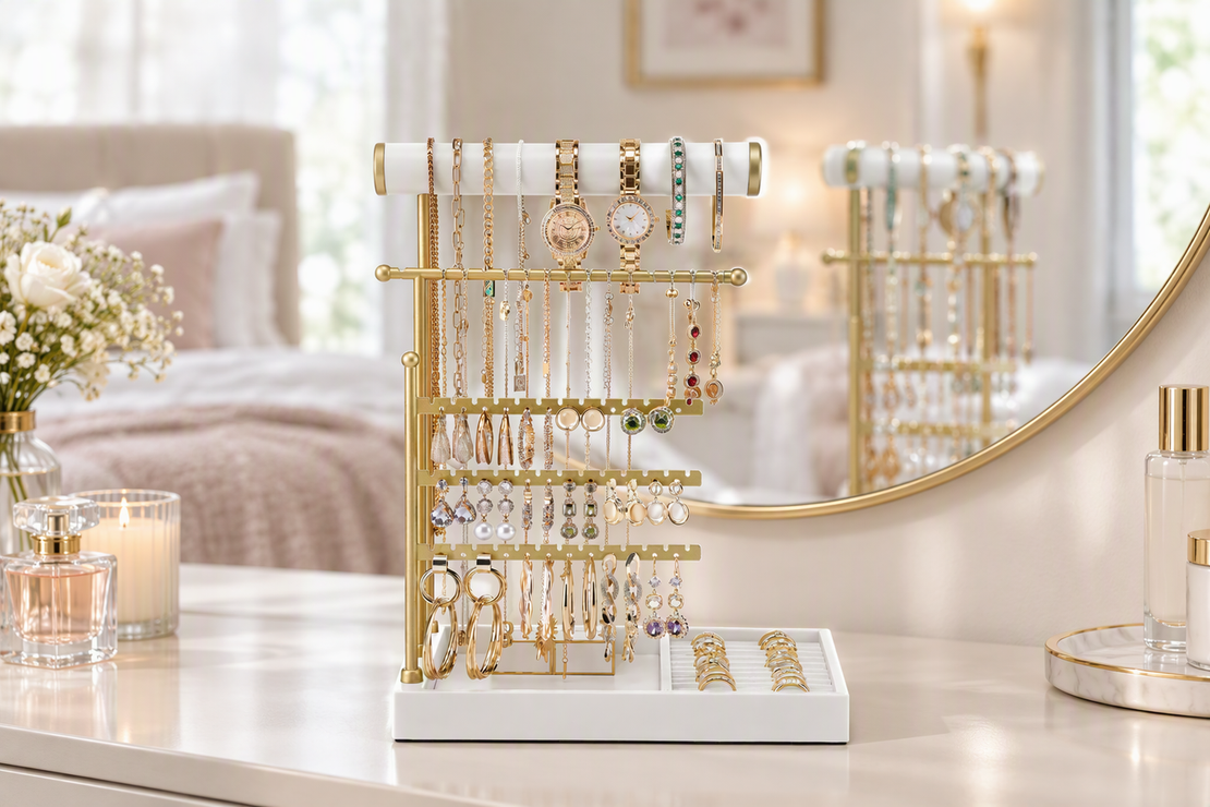 Open jewelry stand arranged with a small everyday rotation on a dresser beside a mirror and personal accessories.