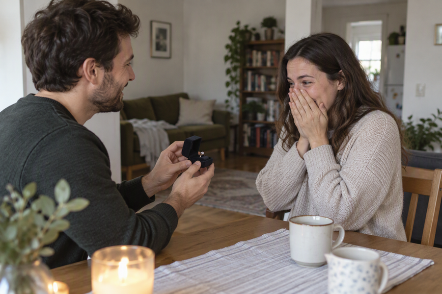 An open engagement ring box presented during a proposal at home.