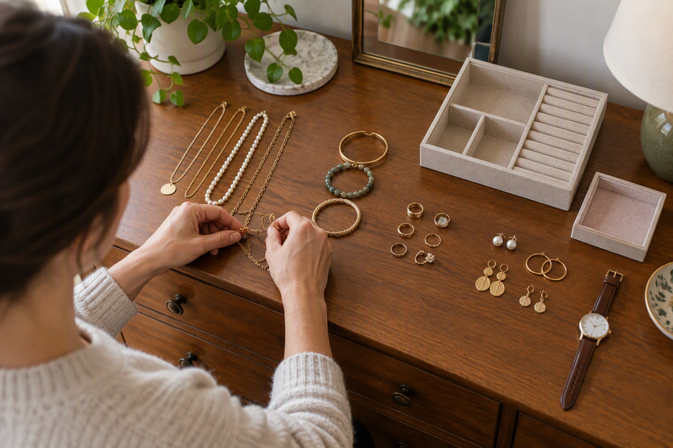 An adult sorts rings, stud earrings, and a long pendant into groups by type on a dresser top.