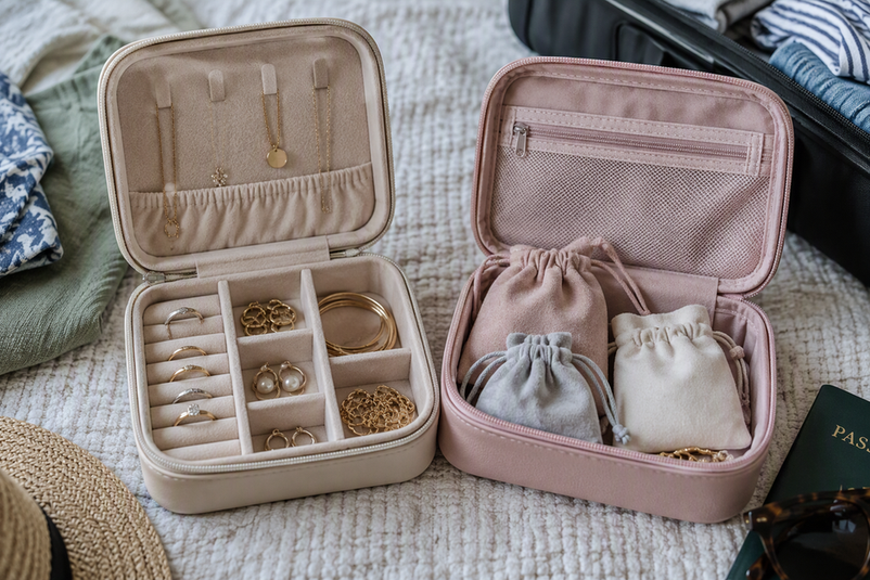 Open fixed-compartment travel jewelry case beside an organizer holding separate pouches.