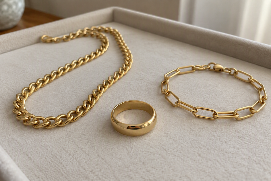 Gold-colored ring, chain, and bracelet arranged together on a jewelry display surface.