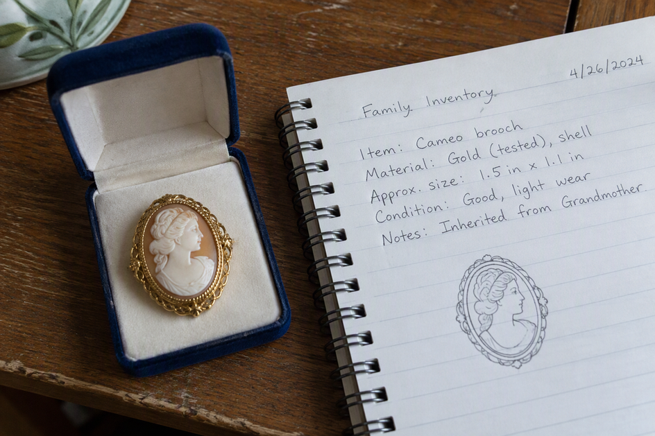 A person photographs a piece of inherited jewelry beside an inventory notebook.