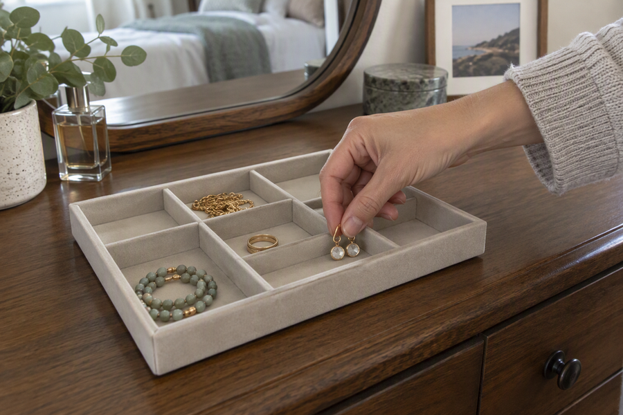 Hands place earrings into separate sections of a shallow jewelry tray on a dresser.