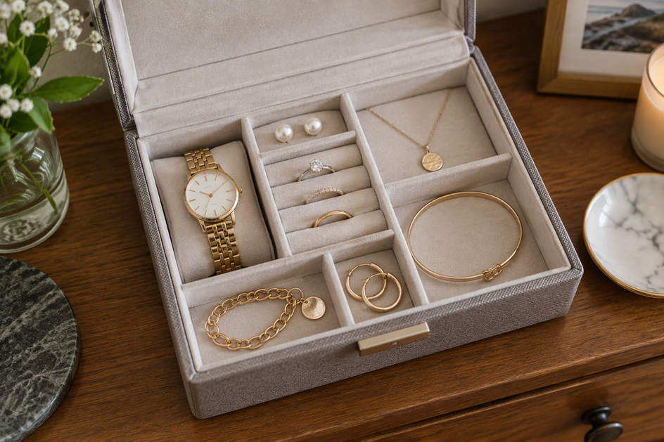 Jewelry pieces stored separately in padded compartments of an open organizer.