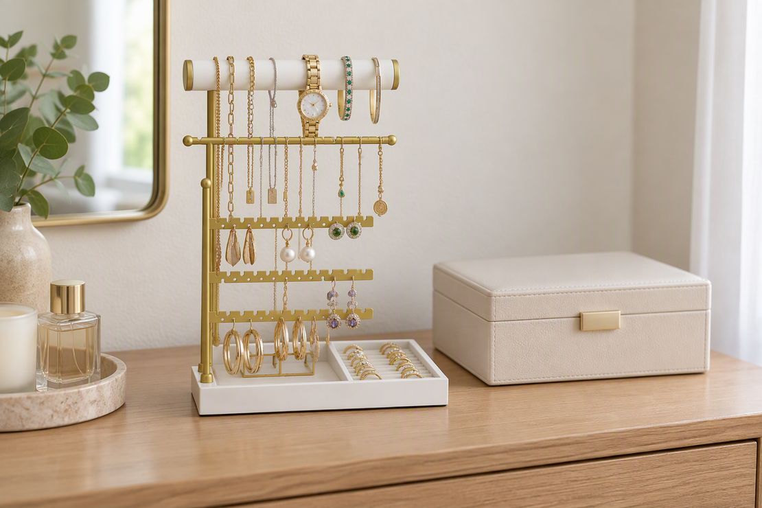 Jewelry stand with hanging rails and a tray displaying a few everyday pieces on a dresser beside a closed jewelry box.