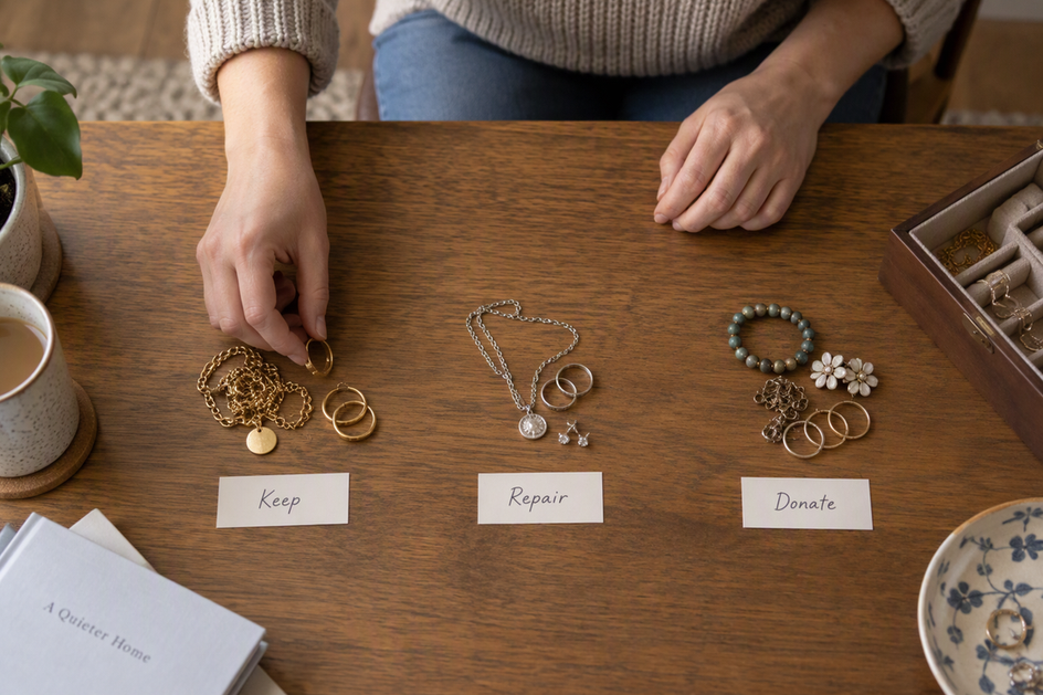 Hands sorting a small jewelry collection into three groups on a tabletop.
