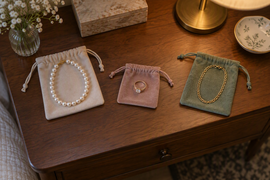 Pearl necklace, ring, and chain stored separately in individual soft-lined compartments