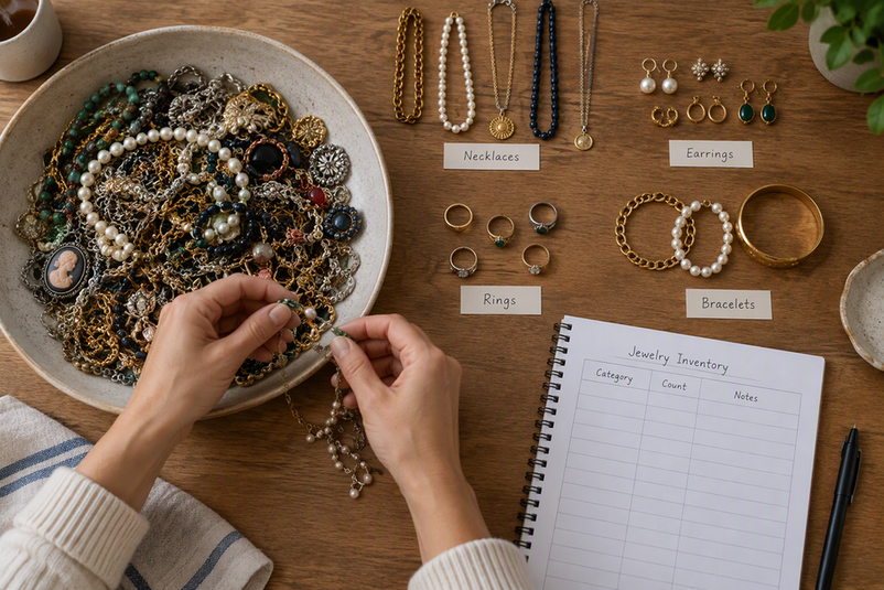Jewelry sorted into separate groups by type beside a blank inventory sheet, ready to be counted before choosing storage.