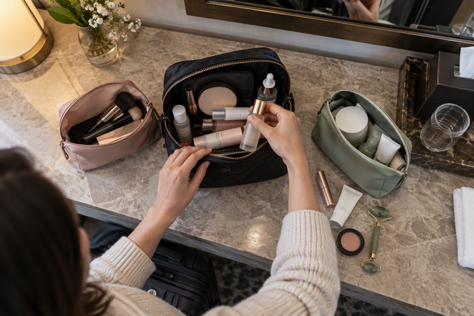Makeup and skincare items arranged beside one open cosmetic bag and two separate pouches before packing.