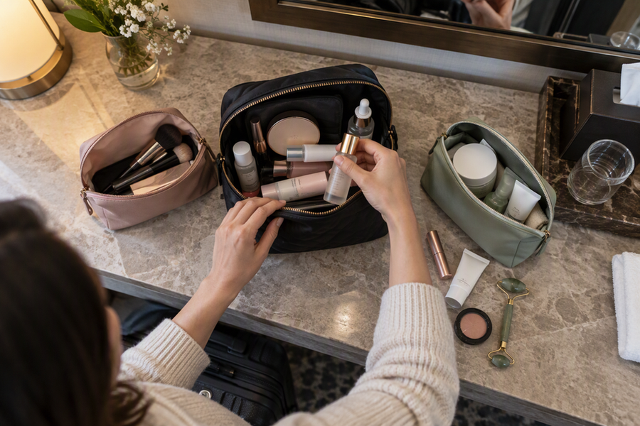 Makeup and skincare items arranged beside one open cosmetic bag and two separate pouches before packing.