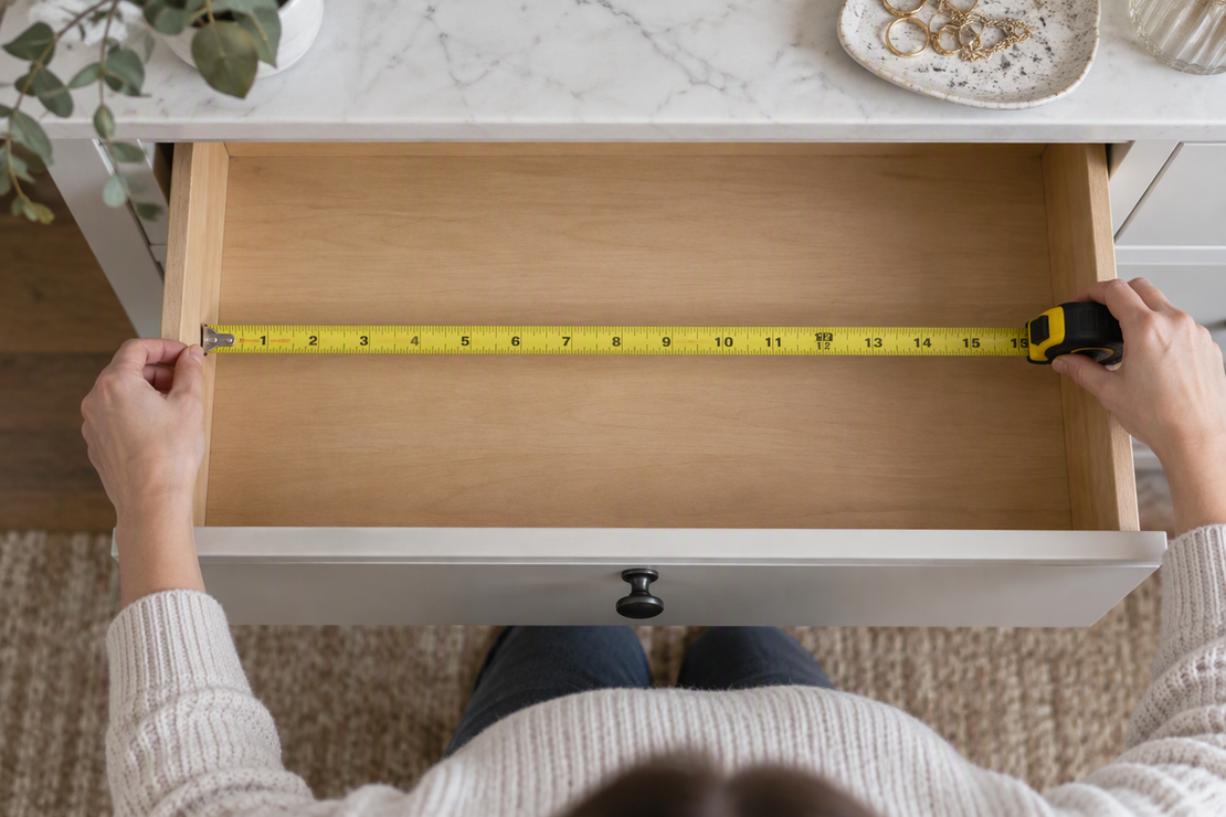 Tape measure stretched across the inside width of an empty dresser drawer, with a notepad nearby for recording measurements.