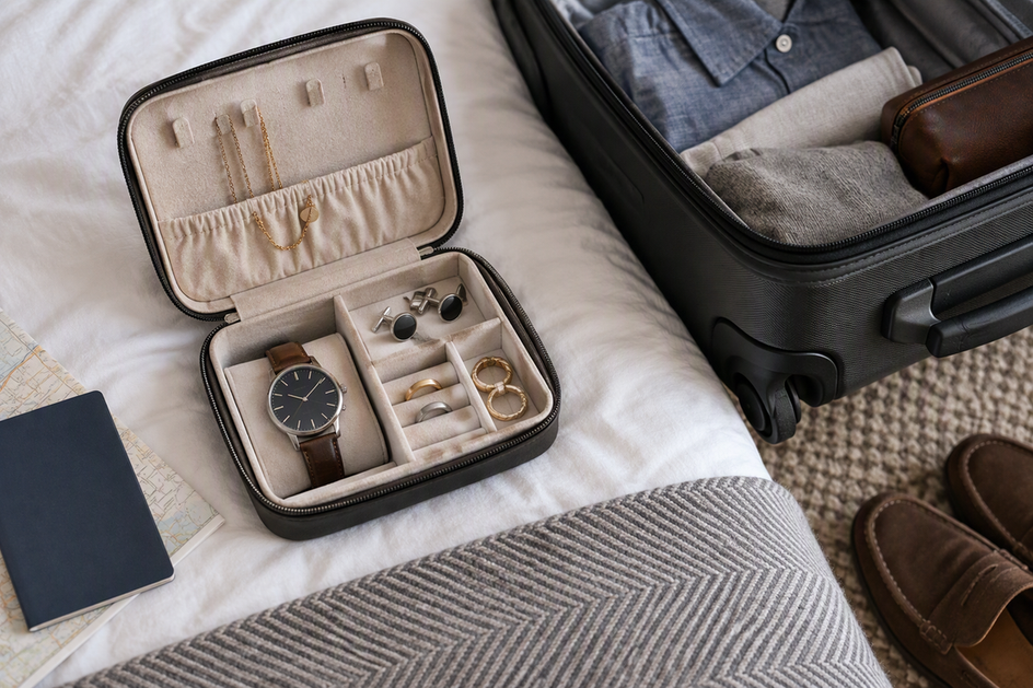 An open travel jewelry organizer holds a watch apart from cufflinks and rings beside an open carry-on.