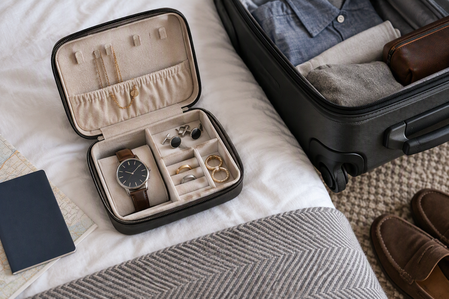 An open travel jewelry organizer holds a watch apart from cufflinks and rings beside an open carry-on.