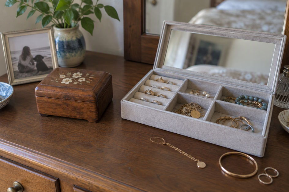 A keepsake-style jewelry box and a compartmented jewelry organizer sit beside a memento and loose jewelry.