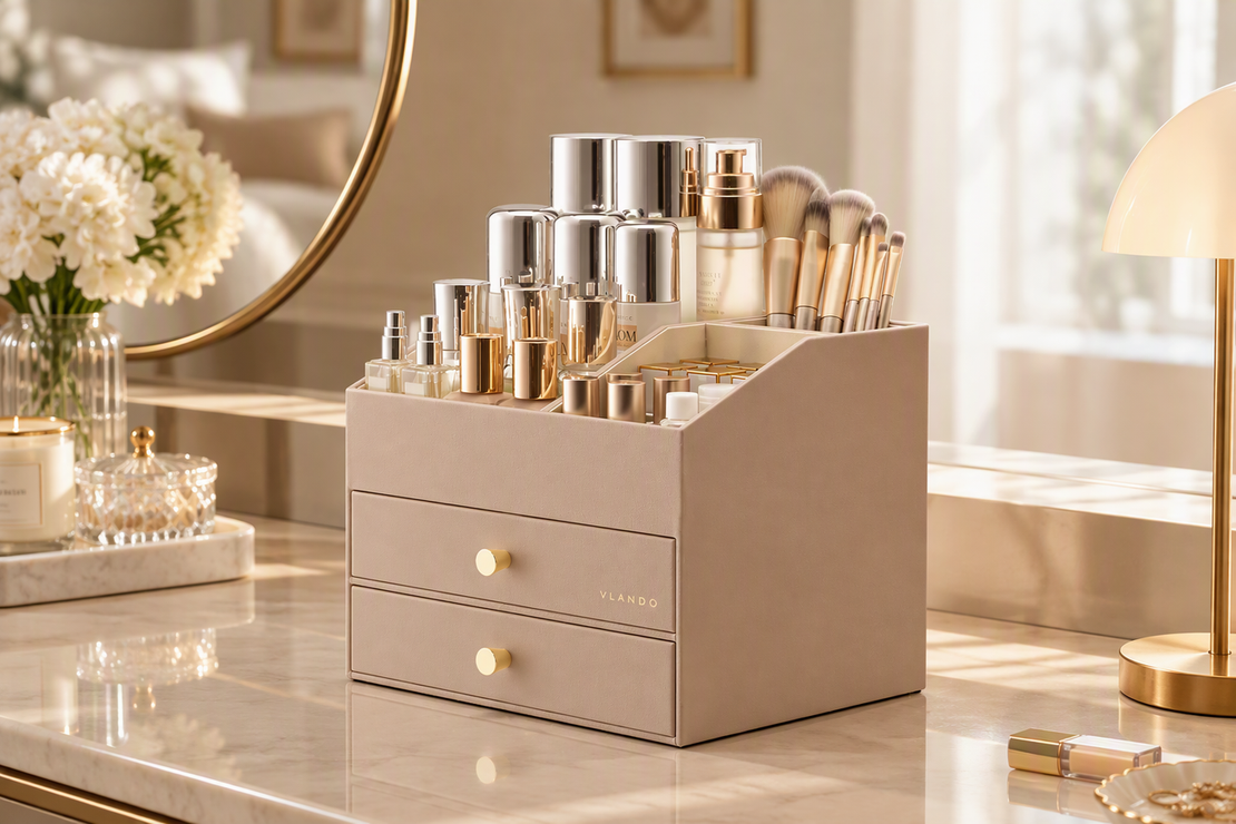 Open beauty organizer arranged with perfume and cosmetics on a vanity beside a closed drawer unit.