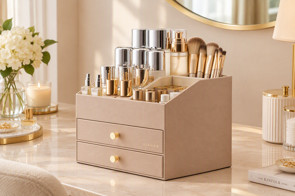 Vanity organizer with beauty samples sorted into visible sections for everyday use, backups, travel, and review