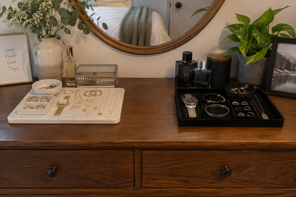 Two distinct jewelry zones sit on the same dresser, with each person’s pieces kept in a separate tray.
