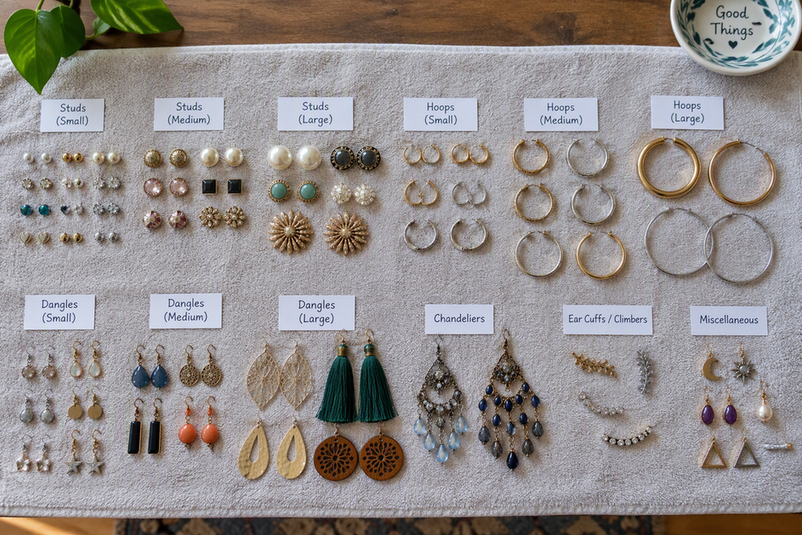 Matched earrings sorted into small groups by type and size on a flat surface before storage is assigned.