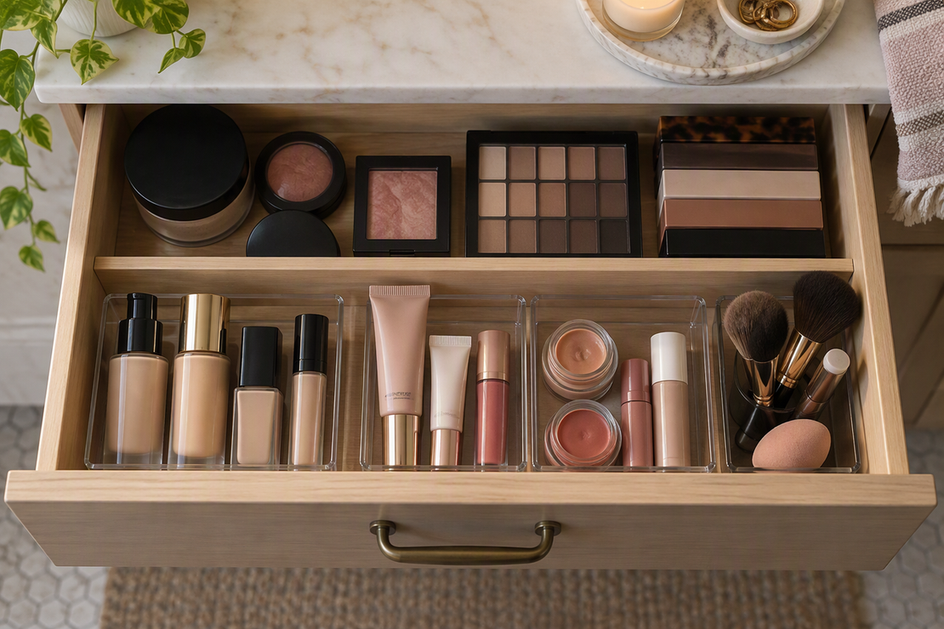 Overhead view of a makeup drawer with liquid and cream products grouped on one side of a divider and powders and palettes on the other.