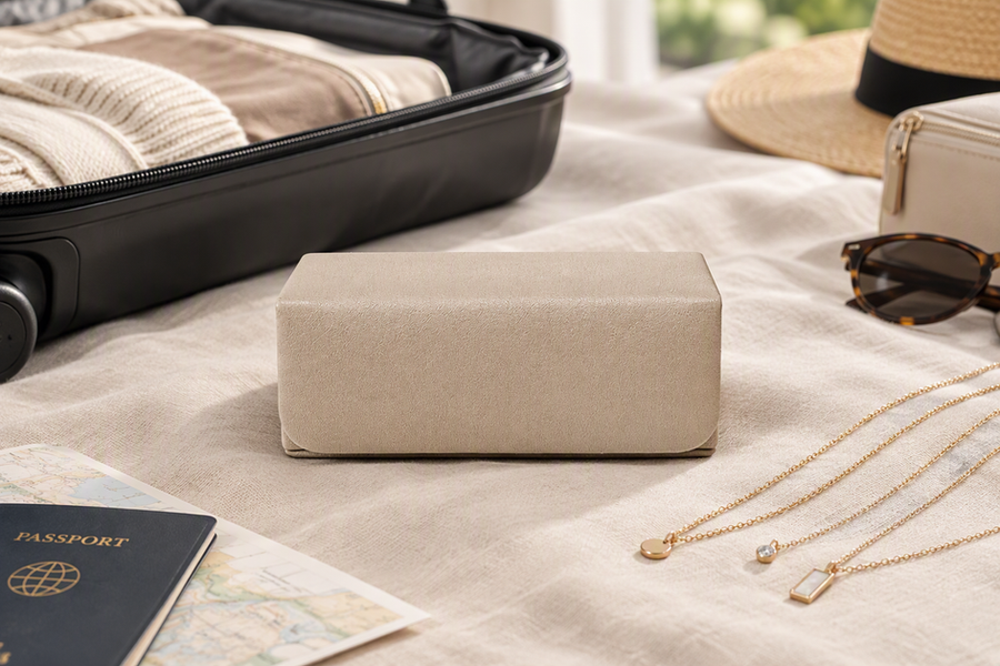 Compact travel jewelry case presented with delicate necklaces ready for a weekend trip