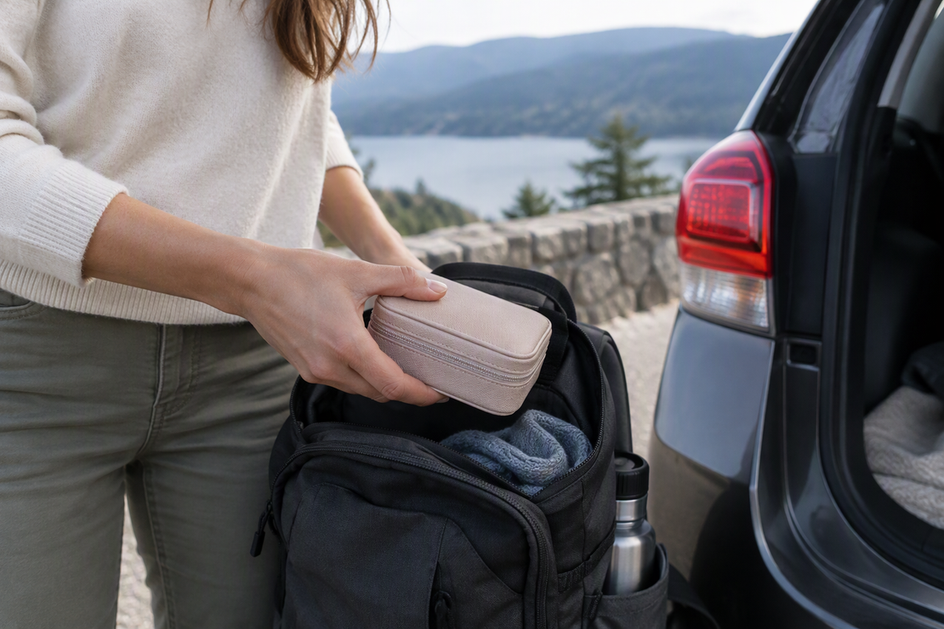 Traveler taking a closed jewelry organizer from a day bag beside a parked car at a roadside stop