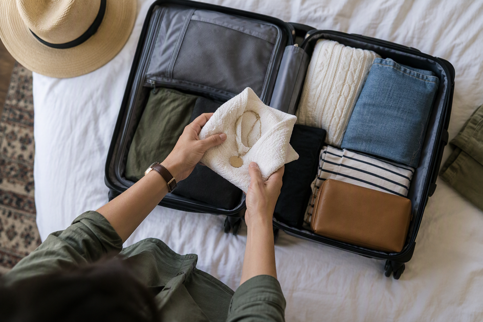 A traveler places a necklace wrapped in a washcloth into an open suitcase.