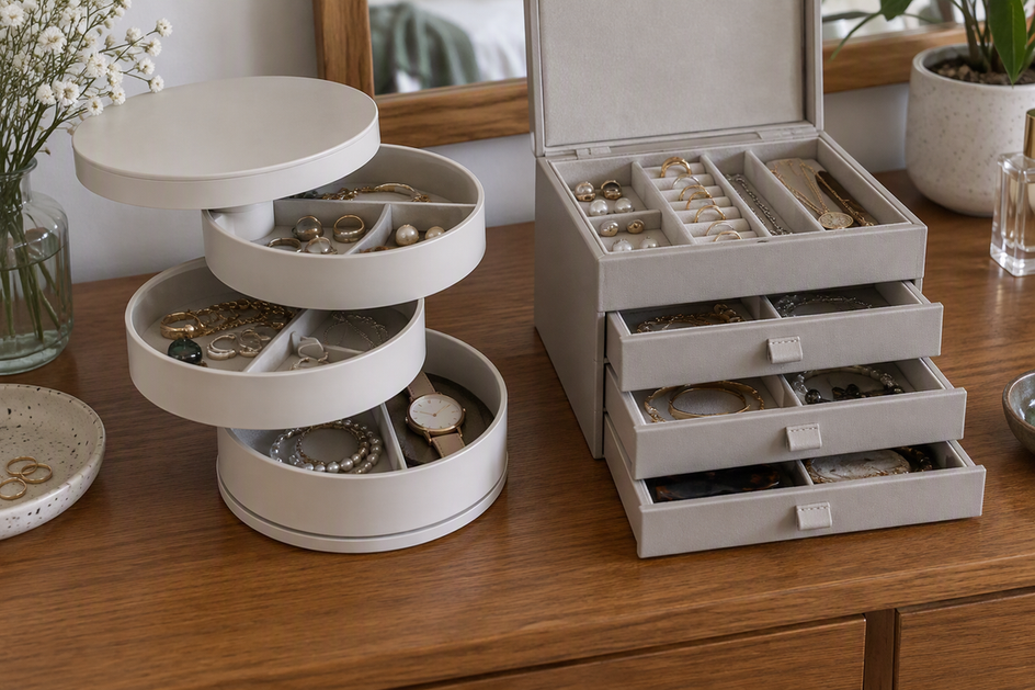 A rotating jewelry box and a stacked drawer-style jewelry box displayed side by side.